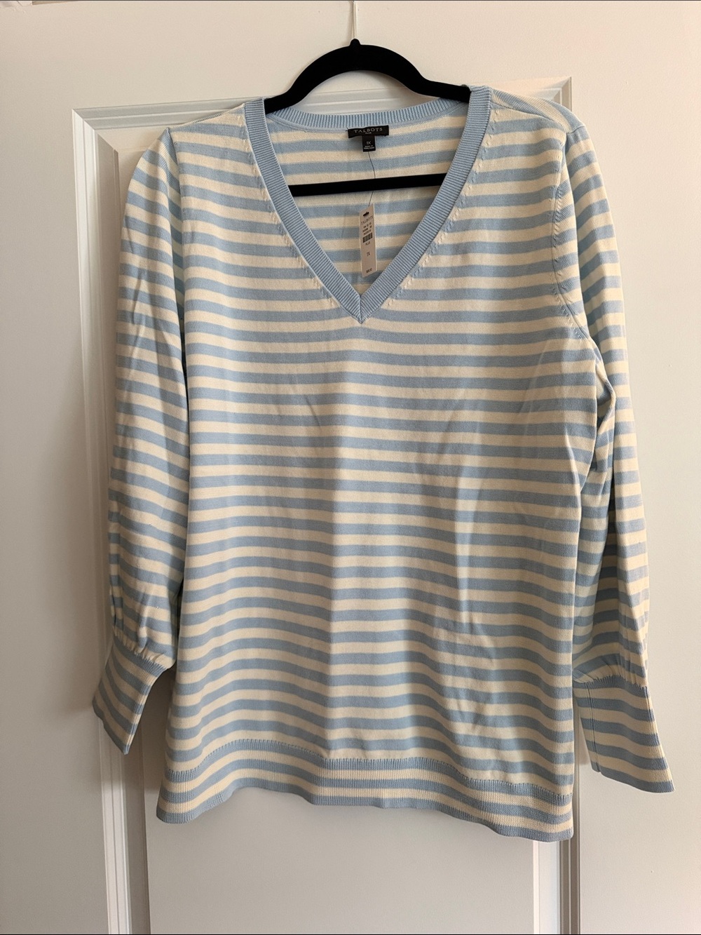 Talbots Light Blue and Cream Striped V‑Neck Sweater